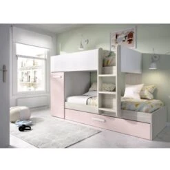 Letto A Castello Crystal Per Due Bambini Bianco Opaco Rosa E Rovere Grigio Con Armadio Bianco, Rosa E Grigio