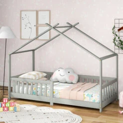Letto Per Bambini A Forma Di Casetta Con Barriera Anticaduta 90 X 200 Cm Lettino In Legno Di Pino Con Sponde / Sbarre Di Sicurezza Grigio