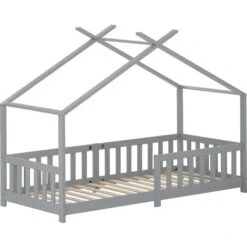 Letto Per Bambini A Forma Di Casetta Con Barriera Anticaduta 90 X 200 Cm Lettino In Legno Di Pino Con Sponde / Sbarre Di Sicurezza Grigio 7 Letto Per Bambini A Forma Di Casetta Con Barriera Anticaduta 90 X 200 Cm Lettino In Legno Di Pino Con Sponde / Sbarre Di Sicurezza Grigio -Armonia Casa 57337361 3
