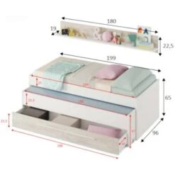 Letto Singolo, Struttura Letto Per Cameretta, Letto Singolo Con Lettino Estraibile E Cassettone E Mensola Abbinata, Cm 199x96h65, Bianco -Armonia Casa 58337727 3