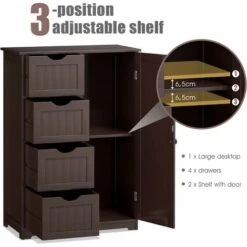 GIANTEX Armadietto Bagno Autoportante, Da Terra, Con 4 Cassetti E Un’Anta, Ripiano Regolabile In Altezza, Legno, 55x30x81cm (marrone) -Armonia Casa 58840391 3