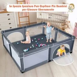 DREAMADE Box Bambini, Recinto Di Sicurezza, In Struttura Di Acciaio Verniciato Antiruggine E Stabile, Centro Di Attività Con Porte In Rete Apribili A Cerniera, 206x185,5x68 Cm (Grigio Scuro) -Armonia Casa 59001434 3