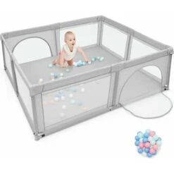 DREAMADE Box Bambini, Recinto Di Sicurezza, In Struttura Di Acciaio Verniciato Antiruggine E Stabile, Centro Di Attività Con Porte In Rete Apribili A Cerniera, 206x185,5x68 Cm (Grigio Chiaro)