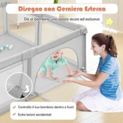 DREAMADE Box Bambini, Recinto Di Sicurezza, In Struttura Di Acciaio Verniciato Antiruggine E Stabile, Centro Di Attività Con Porte In Rete Apribili A Cerniera, 206x185,5x68 Cm (Grigio Chiaro) -Armonia Casa 59001437 3