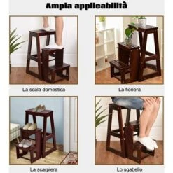 DREAMADE Sgabello Scaletta In Legno Sedia Scala Richiudibile A 3 Gradini Per Casa Negozio (Marrone Scuro) -Armonia Casa 59001534 4