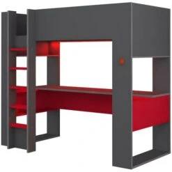Letto A Soppalco Gamer + Materasso + Scrivania Con LED E Vani Integrati 90 X 200 Cm Antracite E Rosso - NOAH -Armonia Casa 59278943 4