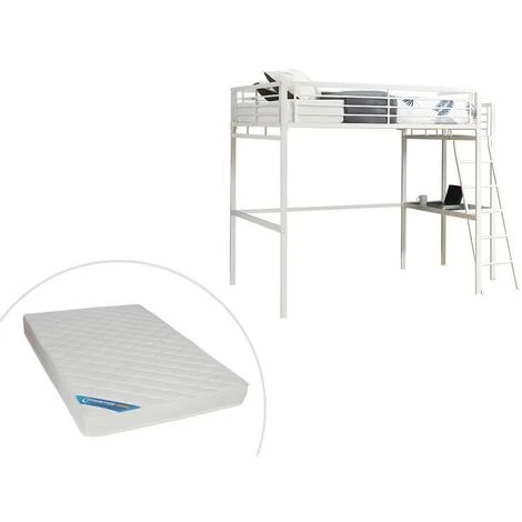 Letto A Soppalco Con Piano Scrivania 140 X 190 Cm Bianco + Materasso - CASUAL II 1 Letto A Soppalco Con Piano Scrivania 140 X 190 Cm Bianco + Materasso - CASUAL II