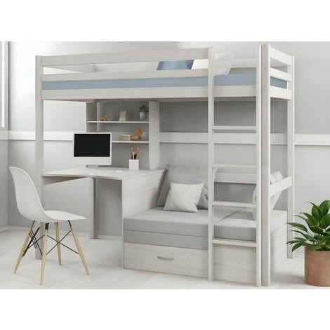 Letto A Soppalco Scrivania, Divano Letto E Vani Portaoggetti 90 X 200 Cm Abete Massello Sbiancato - GOLIATH II 2 Letto A Soppalco Scrivania, Divano Letto E Vani Portaoggetti 90 X 200 Cm Abete Massello Sbiancato - GOLIATH II - immagine 2
