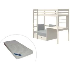 Letto A Soppalco Scrivania Divano Letto Vani 90x200 Cm In Abete Massello Sbiancato+Materasso - GOLIATH II