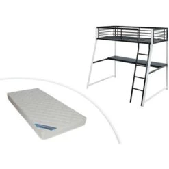 Letto A Soppalco Con Scrivania Integrata 90 X 190 Cm Nero E Bianco - MALICIA + Materasso Incluso