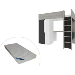 Letto A Soppalco + Materasso Con Armadio E Scrivania 90 X 200 Cm Antracite E Bianco - NICOLAS II
