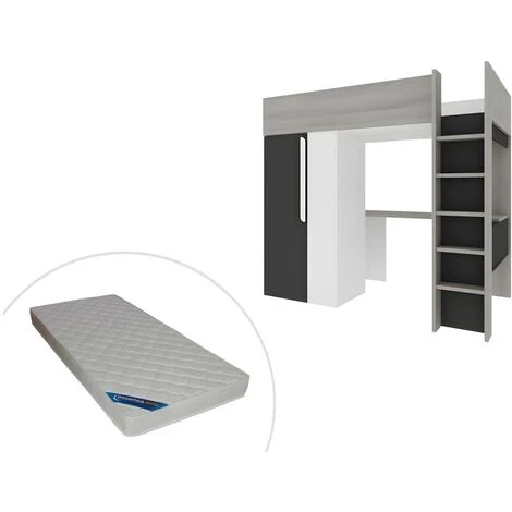 Letto A Soppalco + Materasso Con Armadio E Scrivania 90 X 200 Cm Antracite E Bianco - NICOLAS II 1 Letto A Soppalco + Materasso Con Armadio E Scrivania 90 X 200 Cm Antracite E Bianco - NICOLAS II