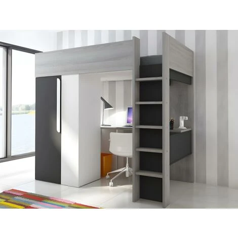 Letto A Soppalco + Materasso Con Armadio E Scrivania 90 X 200 Cm Antracite E Bianco - NICOLAS II 2 Letto A Soppalco + Materasso Con Armadio E Scrivania 90 X 200 Cm Antracite E Bianco - NICOLAS II - immagine 2