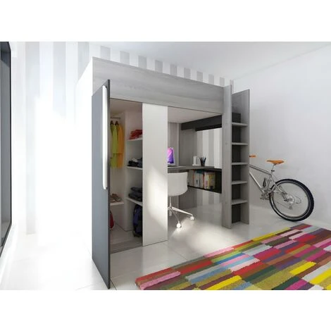 Letto A Soppalco + Materasso Con Armadio E Scrivania 90 X 200 Cm Antracite E Bianco - NICOLAS II 4 Letto A Soppalco + Materasso Con Armadio E Scrivania 90 X 200 Cm Antracite E Bianco - NICOLAS II - immagine 4