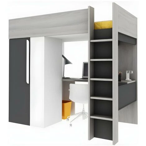 Letto A Soppalco + Materasso Con Armadio E Scrivania 90 X 200 Cm Antracite E Bianco - NICOLAS II 5 Letto A Soppalco + Materasso Con Armadio E Scrivania 90 X 200 Cm Antracite E Bianco - NICOLAS II - immagine 5