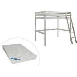 Letto A Soppalco + Materasso 140 X 190 Cm Pino Massello Sbiancato - GEDEON II