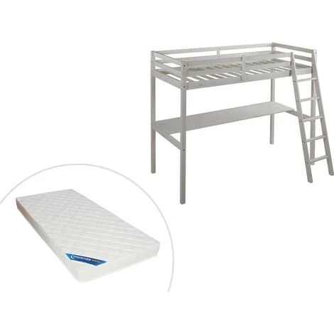 Letto A Soppalco Con Scrivania 90 X 190 Cm Pino Massello Sbiancato + Materasso - GEDEON II 1 Letto A Soppalco Con Scrivania 90 X 190 Cm Pino Massello Sbiancato + Materasso - GEDEON II