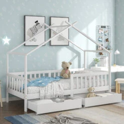 Letto Per Bambini Con 2 Cassetti - Letto Per Bambini In Legno Massello Di Pino Bianco - Rete Inclusa - 90 X 200 Cm