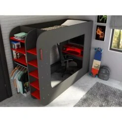 Letto A Soppalco Gamer + Materasso Con Scrivania, Scomparti E LED 90 X 200 Cm Antracite E Rosso - WARRIOR -Armonia Casa 59966822 3