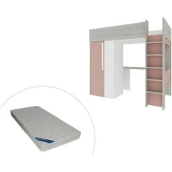 Letto A Soppalco + Materasso Con Armadio E Scrivania 90 X 200 Cm Rosa E Bianco - NICOLAS