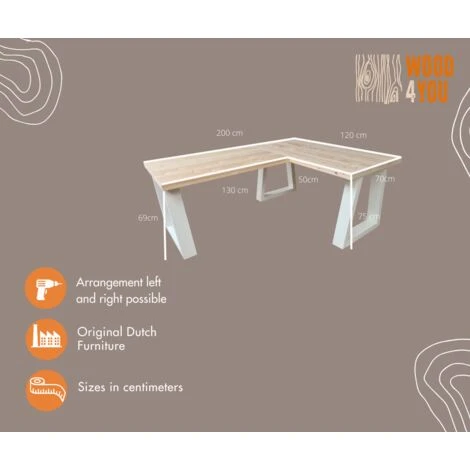 Wood4you - Scrivania Ad Angolo - Abete Di Vancouver 200/120Lx70Dx75H Bianco 2 Wood4you - Scrivania Ad Angolo - Abete Di Vancouver 200/120Lx70Dx75H Bianco - immagine 2