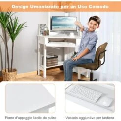 COSTWAY Scrivania Angolare In Legno, Scrivania Porta PC Con Libreria, Vassoio Per Tastiera E Ripiani, Scrivania Salvaspazio E Moderna Per Casa E Ufficio, 70 X 70 X 172 Cm, Bianco -Armonia Casa 60804720 5