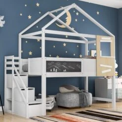 Letto Per Bambini Letto A Soppalco 90x200 Cm Letto Di Casa Con Scale, Finestra, Asse E 3 Cassetti, Casetta Per Bambini In Legno Massello Con Recinzione E Rete A Doghe, Bianco