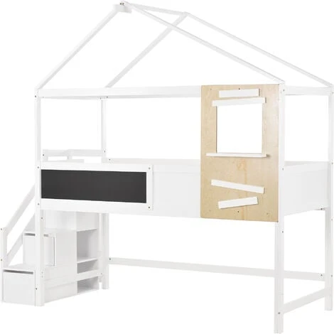 Letto Per Bambini Letto A Soppalco 90x200 Cm Letto Di Casa Con Scale, Finestra, Asse E 3 Cassetti, Casetta Per Bambini In Legno Massello Con Recinzione E Rete A Doghe, Bianco 4 Letto Per Bambini Letto A Soppalco 90x200 Cm Letto Di Casa Con Scale, Finestra, Asse E 3 Cassetti, Casetta Per Bambini In Legno Massello Con Recinzione E Rete A Doghe, Bianco - immagine 4