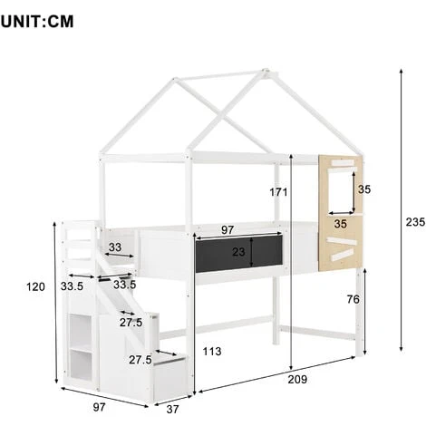 Letto Per Bambini Letto A Soppalco 90x200 Cm Letto Di Casa Con Scale, Finestra, Asse E 3 Cassetti, Casetta Per Bambini In Legno Massello Con Recinzione E Rete A Doghe, Bianco 5 Letto Per Bambini Letto A Soppalco 90x200 Cm Letto Di Casa Con Scale, Finestra, Asse E 3 Cassetti, Casetta Per Bambini In Legno Massello Con Recinzione E Rete A Doghe, Bianco - immagine 5