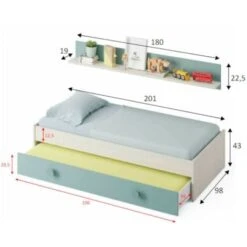 Dmora Letto Singolo Lubbock, Struttura Letto Per Cameretta, Letto Con Lettino Estraibile O Cassettone E Mensola Abbinata, Cm 201x98h43, Bianco E Verde Acqua -Armonia Casa 63752449 3