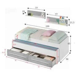Dmora Letto Singolo Fairfield, Struttura Letto Per Cameretta, Letto Singolo Con Lettino Estraibile E 2 Cassetti E Mensola, Cm 199x96h65, Bianco E Cemento -Armonia Casa 63752867 3