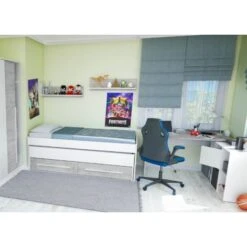 Dmora Letto Singolo Fairfield, Struttura Letto Per Cameretta, Letto Singolo Con Lettino Estraibile E 2 Cassetti E Mensola, Cm 199x96h65, Bianco E Cemento -Armonia Casa 63752867 5