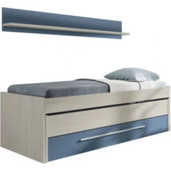 Dmora Letto Singolo Sunnyvale, Struttura Letto Per Cameretta, Letto Singolo Con Lettino Estraibile E Cassettone E Mensola Abbinata, Cm 199x96h65, Bianco E Blu