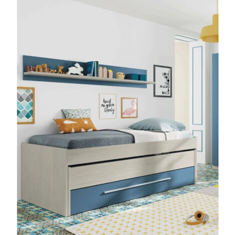 Dmora Letto Singolo Sunnyvale, Struttura Letto Per Cameretta, Letto Singolo Con Lettino Estraibile E Cassettone E Mensola Abbinata, Cm 199x96h65, Bianco E Blu 2 Dmora Letto Singolo Sunnyvale, Struttura Letto Per Cameretta, Letto Singolo Con Lettino Estraibile E Cassettone E Mensola Abbinata, Cm 199x96h65, Bianco E Blu - immagine 2