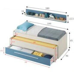 Dmora Letto Singolo Sunnyvale, Struttura Letto Per Cameretta, Letto Singolo Con Lettino Estraibile E Cassettone E Mensola Abbinata, Cm 199x96h65, Bianco E Blu 7 Dmora Letto Singolo Sunnyvale, Struttura Letto Per Cameretta, Letto Singolo Con Lettino Estraibile E Cassettone E Mensola Abbinata, Cm 199x96h65, Bianco E Blu -Armonia Casa 63753931 3