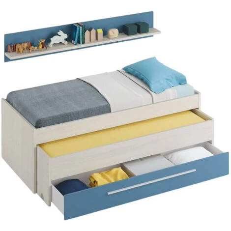Dmora Letto Singolo Sunnyvale, Struttura Letto Per Cameretta, Letto Singolo Con Lettino Estraibile E Cassettone E Mensola Abbinata, Cm 199x96h65, Bianco E Blu 4 Dmora Letto Singolo Sunnyvale, Struttura Letto Per Cameretta, Letto Singolo Con Lettino Estraibile E Cassettone E Mensola Abbinata, Cm 199x96h65, Bianco E Blu - immagine 4