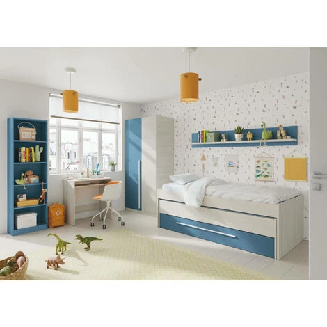 Dmora Letto Singolo Sunnyvale, Struttura Letto Per Cameretta, Letto Singolo Con Lettino Estraibile E Cassettone E Mensola Abbinata, Cm 199x96h65, Bianco E Blu 5 Dmora Letto Singolo Sunnyvale, Struttura Letto Per Cameretta, Letto Singolo Con Lettino Estraibile E Cassettone E Mensola Abbinata, Cm 199x96h65, Bianco E Blu - immagine 5