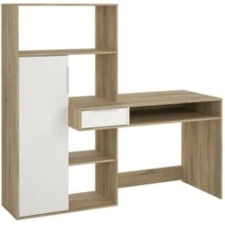 Dmora Scrivania Multifunzione Con Libreria, Cassetto E Anta, Colore Bianco E Rovere, Cm 162 X 155 X 60