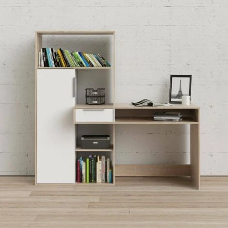 Dmora Scrivania Multifunzione Con Libreria, Cassetto E Anta, Colore Bianco E Rovere, Cm 162 X 155 X 60 2 Dmora Scrivania Multifunzione Con Libreria, Cassetto E Anta, Colore Bianco E Rovere, Cm 162 X 155 X 60 - immagine 2