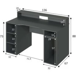 Scrivania, Scrittoio Multifunzione Moderno Da Gaming, Tavolo Da Studio Porta PC E Porta CD, Tavolo Da Studio Con Ripiani, Cm 136x67h88, Antracite -Armonia Casa 64360233 3