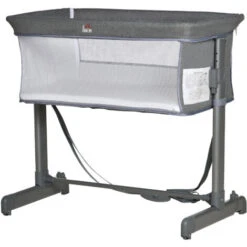 HOMCOM Culla Fianco Letto Con Altezza Regolabile, Lettino Co-Sleeping Pieghevole Con Tessuto A Rete E Borsa Di Trasporto, 86x50x83cm, Grigio