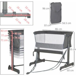 HOMCOM Culla Fianco Letto Con Altezza Regolabile, Lettino Co-Sleeping Pieghevole Con Tessuto A Rete E Borsa Di Trasporto, 86x50x83cm, Grigio 7 HOMCOM Culla Fianco Letto Con Altezza Regolabile, Lettino Co-Sleeping Pieghevole Con Tessuto A Rete E Borsa Di Trasporto, 86x50x83cm, Grigio -Armonia Casa 64446188 3