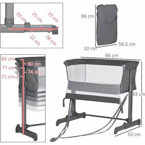 HOMCOM Culla Fianco Letto Con Altezza Regolabile, Lettino Co-Sleeping Pieghevole Con Tessuto A Rete E Borsa Di Trasporto, 86x50x83cm, Grigio 3 HOMCOM Culla Fianco Letto Con Altezza Regolabile, Lettino Co-Sleeping Pieghevole Con Tessuto A Rete E Borsa Di Trasporto, 86x50x83cm, Grigio - immagine 3