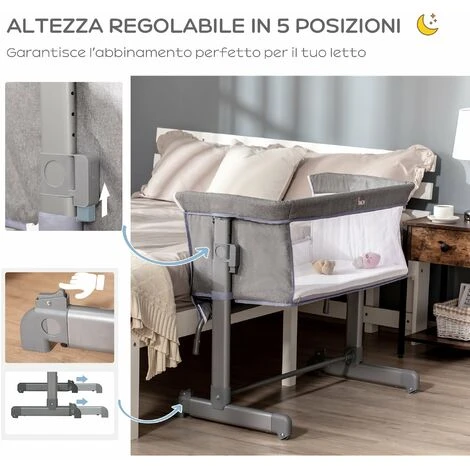 HOMCOM Culla Fianco Letto Con Altezza Regolabile, Lettino Co-Sleeping Pieghevole Con Tessuto A Rete E Borsa Di Trasporto, 86x50x83cm, Grigio 4 HOMCOM Culla Fianco Letto Con Altezza Regolabile, Lettino Co-Sleeping Pieghevole Con Tessuto A Rete E Borsa Di Trasporto, 86x50x83cm, Grigio - immagine 4