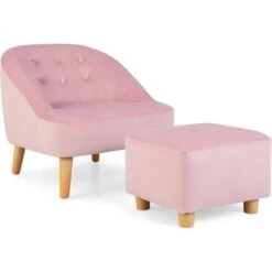 COSTWAY Set Di Poltrona E Poggiapiedi Per Bambini, Poltrona Per Cameretta In Velluto Olandese Con Sgabello Abbinato E Spalliera A Bottoni, Divano Per Bambini 3-5 Anni, 51 X 51 X 49,5 Cm