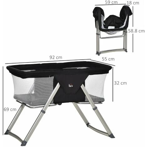 HOMCOM Culla Da Campeggio 2 In 1 Con Lettino A Dondolo, Culla Pieghevole Con Materassino E Zanzariera Età 0-6 Mesi, 59x55x67/69cm, Nero 3 HOMCOM Culla Da Campeggio 2 In 1 Con Lettino A Dondolo, Culla Pieghevole Con Materassino E Zanzariera Età 0-6 Mesi, 59x55x67/69cm, Nero - immagine 3