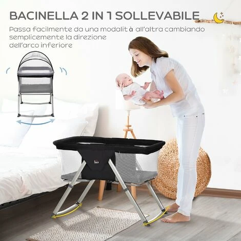 HOMCOM Culla Da Campeggio 2 In 1 Con Lettino A Dondolo, Culla Pieghevole Con Materassino E Zanzariera Età 0-6 Mesi, 59x55x67/69cm, Nero 4 HOMCOM Culla Da Campeggio 2 In 1 Con Lettino A Dondolo, Culla Pieghevole Con Materassino E Zanzariera Età 0-6 Mesi, 59x55x67/69cm, Nero - immagine 4