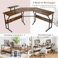 COSTWAY Scrivania Angolare In Legno E Acciaio, Scrivania Pieghevole Porta Pc Con Supporto Monitore, Scrivania Salvaspazio Per Studio E Ufficio, Portat Massima 90 Kg, 225 X 48 X 91 Cm (Marrone) -Armonia Casa 64447664 3