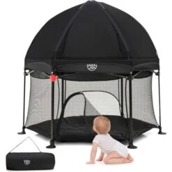 COSTWAY Box Per Bambini Con Tettuccio Rimovibile, Box Esagonale Pieghevole Con Borsa Di Trasporto, Tappetino, Centro Attività Per Bambini E Neonati, 134x132x132 Cm (Nero)