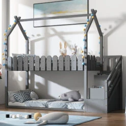 Letto A Castello Con Scaletta Contenitore, Letto Per Bambino Con 3 Cassetti, Con Recinzione, Grigio